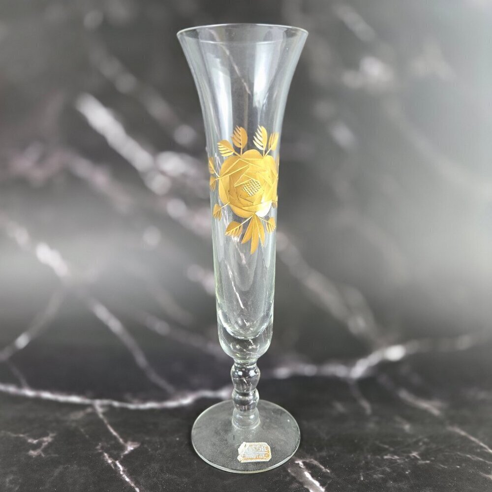 Vintage Ransgil Crystal Bud Vase Gold Gilt Rose on Front 1940's-1950's MCM
